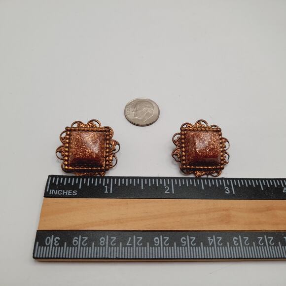 Vintage Goldstone Glass Clip On Earrings Copper Filigree Frame 1960s Style - Picture 8 of 8